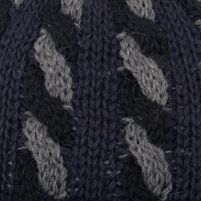 Alternate image for Cable Knit Alpaca Blend Hat in Navy and Grey Hues Braided Grey