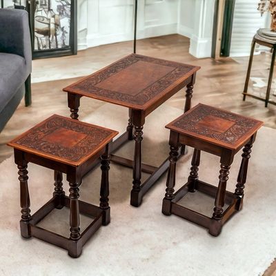 Alternate image for Set of 3 Handmade Classic Tornillo Wood and Leather Tables Regal Era