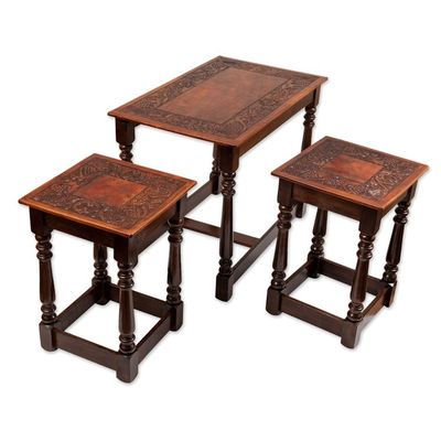 Alternate image for Set of 3 Handmade Classic Tornillo Wood and Leather Tables Regal Era