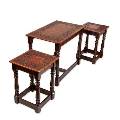 Alternate image for Set of 3 Handmade Classic Tornillo Wood and Leather Tables Regal Era