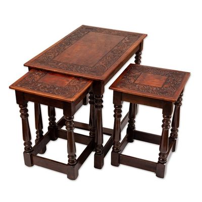 Alternate image for Set of 3 Handmade Classic Tornillo Wood and Leather Tables Regal Era