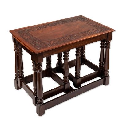 Alternate image for Set of 3 Handmade Classic Tornillo Wood and Leather Tables Regal Era