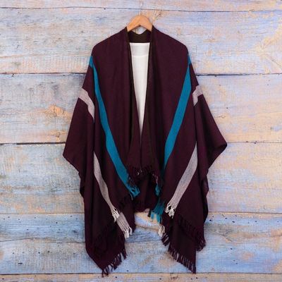 Alternate image for Striped Purple Ruana Woven from 100 Baby Alpaca with Fringe Iris Grape