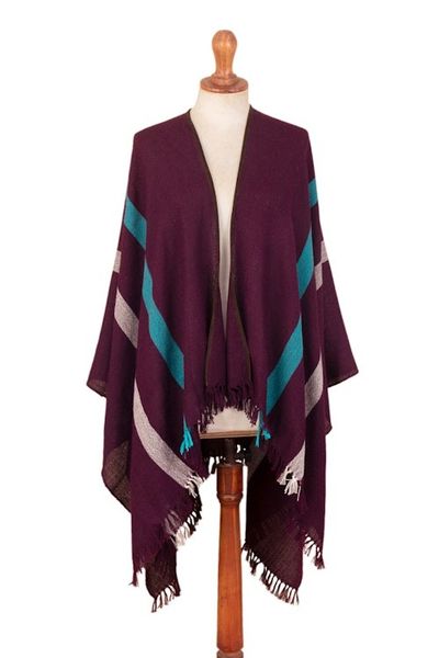Alternate image for Striped Purple Ruana Woven from 100 Baby Alpaca with Fringe Iris Grape