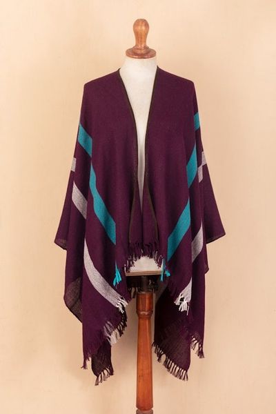 Alternate image for Striped Purple Ruana Woven from 100 Baby Alpaca with Fringe Iris Grape