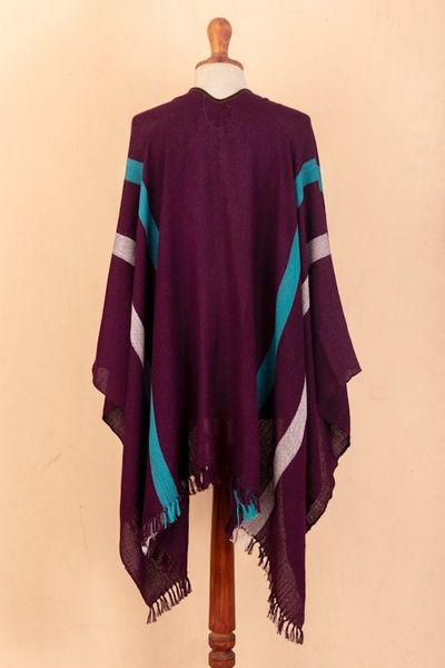 Alternate image for Striped Purple Ruana Woven from 100 Baby Alpaca with Fringe Iris Grape