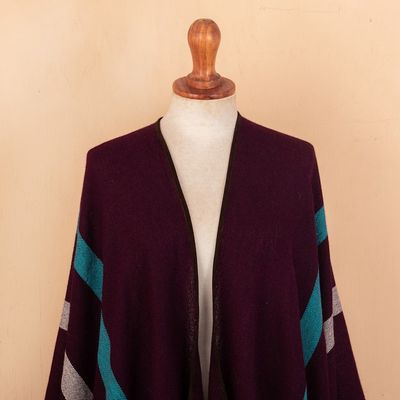 Alternate image for Striped Purple Ruana Woven from 100 Baby Alpaca with Fringe Iris Grape