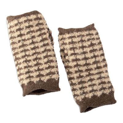 Alternate image for Square-Pattern Ivory and Taupe Alpaca Blend Fingerless Mitts Evening Squares