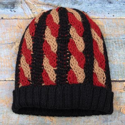 Alternate image for Cable Knit Alpaca Blend Hat in Black and Red Hues Braided Red