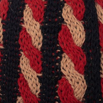 Alternate image for Cable Knit Alpaca Blend Hat in Black and Red Hues Braided Red