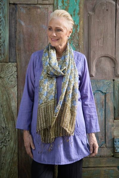 Alternate image for Indonesian Floral Silk Shawl Blue Floral Stars