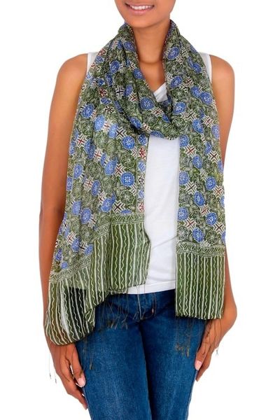 Alternate image for Indonesian Floral Silk Shawl Blue Floral Stars