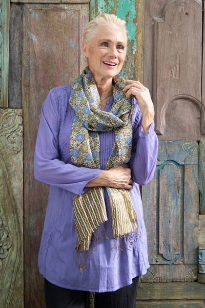 Alternate image for Indonesian Floral Silk Shawl Blue Floral Stars