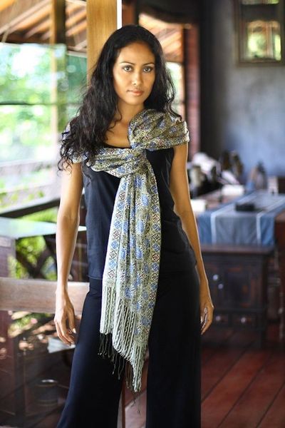 Alternate image for Indonesian Floral Silk Shawl Blue Floral Stars