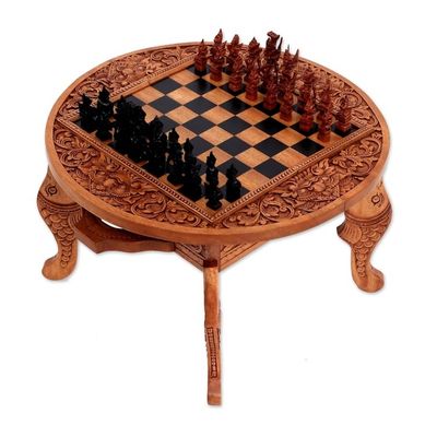 Alternate image for Wood chess set Ramayana Flowers