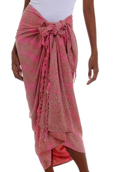 Alternate image for Handmade Pink and Brown Rayon Sarong from Indonesia Coral Flow