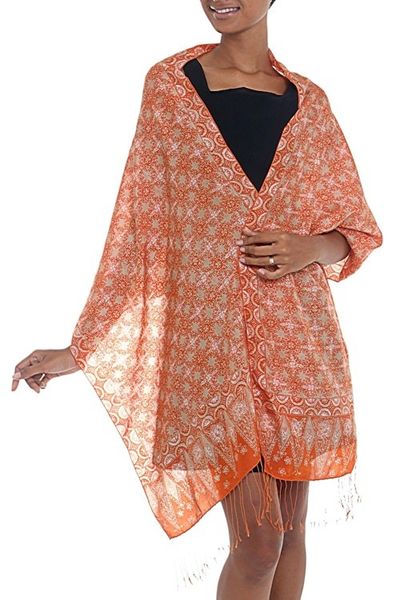Alternate image for Silk Shawl with Tangerine Truntum Motifs from Indonesia Truntum Star