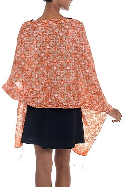 Alternate image for Silk Shawl with Tangerine Truntum Motifs from Indonesia Truntum Star
