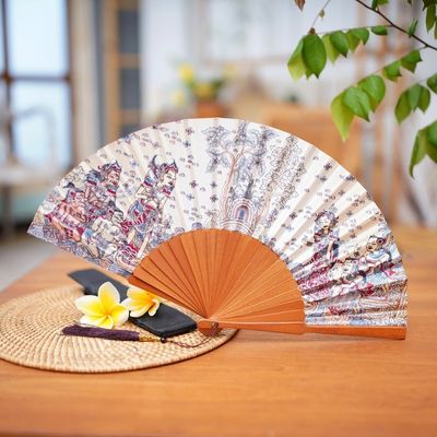 Alternate image for Silk and Wood Fan with Hindu Motifs in Wheat and Crimson Rama Sita