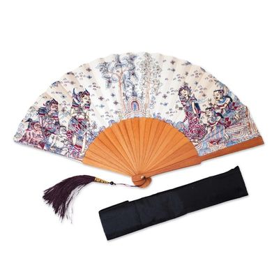 Alternate image for Silk and Wood Fan with Hindu Motifs in Wheat and Crimson Rama Sita