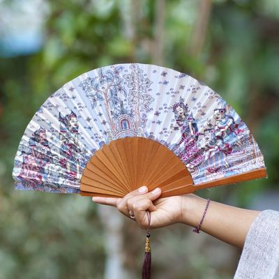 Alternate image for Silk and Wood Fan with Hindu Motifs in Wheat and Crimson Rama Sita