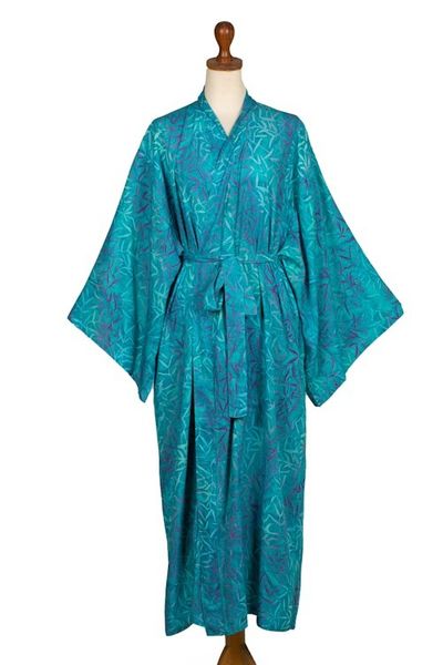 Alternate image for Blue and Green Batik Print Long Sleeved Rayon Robe with Belt Floral Breeze