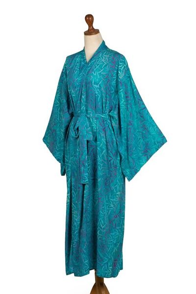 Alternate image for Blue and Green Batik Print Long Sleeved Rayon Robe with Belt Floral Breeze