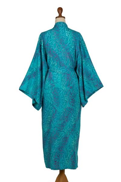 Alternate image for Blue and Green Batik Print Long Sleeved Rayon Robe with Belt Floral Breeze