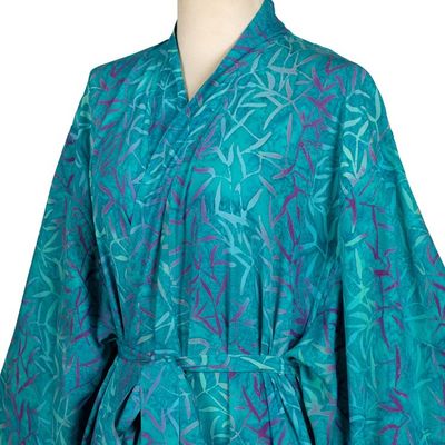 Alternate image for Blue and Green Batik Print Long Sleeved Rayon Robe with Belt Floral Breeze