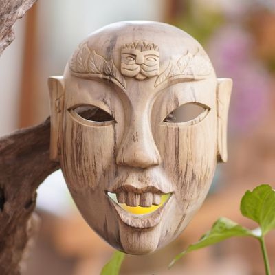 Alternate image for Hand Carved Hibiscus Wood Wall Mask from Indonesia Happy Balinese