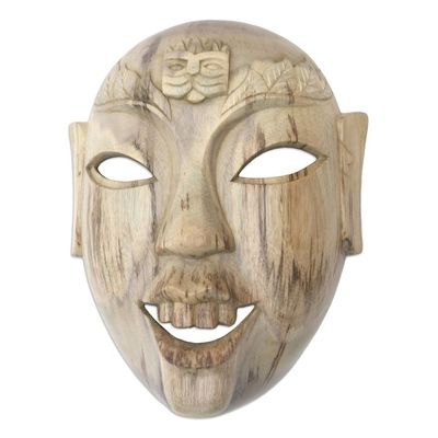 Alternate image for Hand Carved Hibiscus Wood Wall Mask from Indonesia Happy Balinese