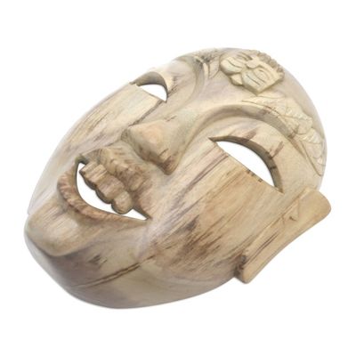 Alternate image for Hand Carved Hibiscus Wood Wall Mask from Indonesia Happy Balinese
