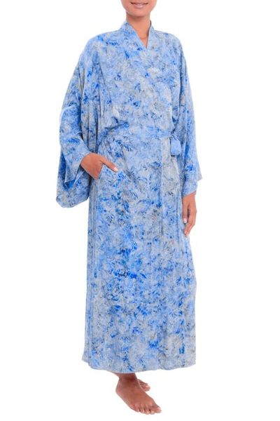 Alternate image for Green and Blue Batik Print Long Sleeved Rayon Robe with Belt Ubud Grove