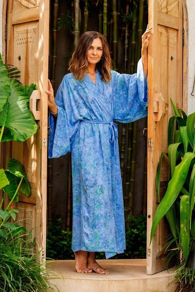 Alternate image for Green and Blue Batik Print Long Sleeved Rayon Robe with Belt Ubud Grove