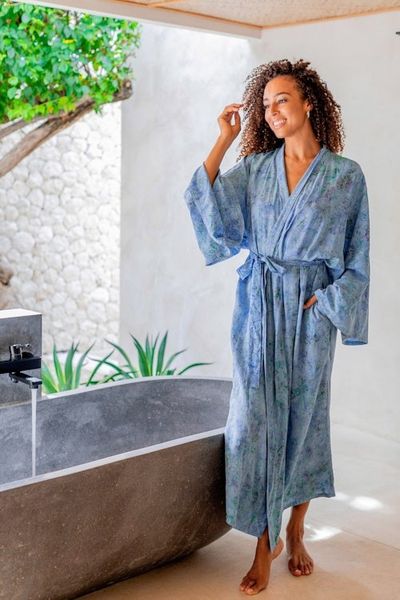 Alternate image for Green and Blue Batik Print Long Sleeved Rayon Robe with Belt Ubud Grove