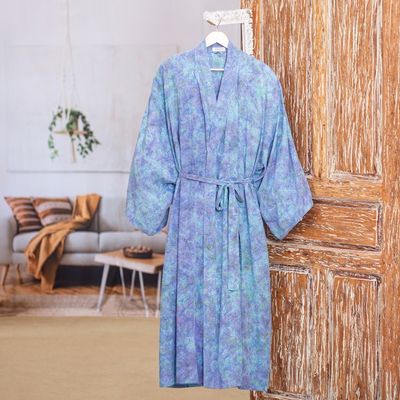 Alternate image for Green and Blue Batik Print Long Sleeved Rayon Robe with Belt Ubud Grove