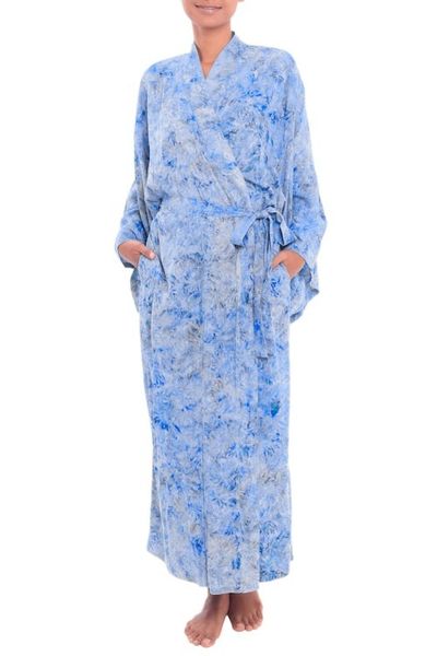 Alternate image for Green and Blue Batik Print Long Sleeved Rayon Robe with Belt Ubud Grove