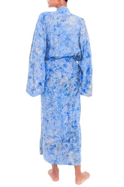 Alternate image for Green and Blue Batik Print Long Sleeved Rayon Robe with Belt Ubud Grove