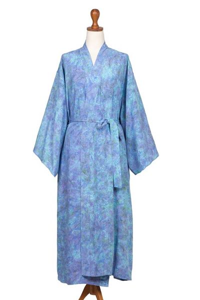 Alternate image for Green and Blue Batik Print Long Sleeved Rayon Robe with Belt Ubud Grove