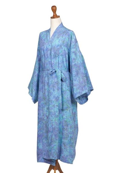 Alternate image for Green and Blue Batik Print Long Sleeved Rayon Robe with Belt Ubud Grove