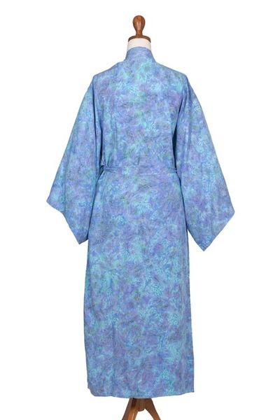 Alternate image for Green and Blue Batik Print Long Sleeved Rayon Robe with Belt Ubud Grove