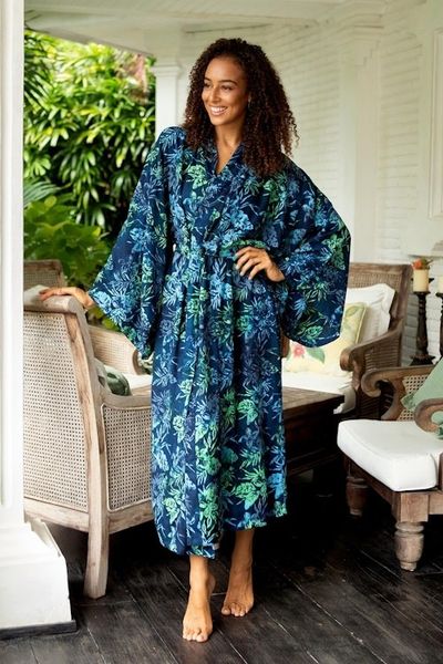 Alternate image for Navy and Green Batik Print Long Sleeved Rayon Robe with Belt Bedugul Dusk