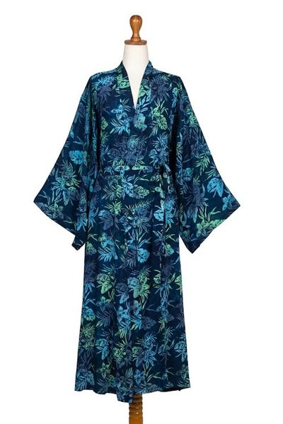 Alternate image for Navy and Green Batik Print Long Sleeved Rayon Robe with Belt Bedugul Dusk
