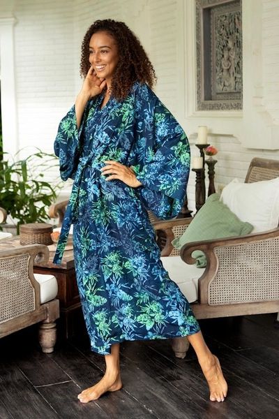 Alternate image for Navy and Green Batik Print Long Sleeved Rayon Robe with Belt Bedugul Dusk