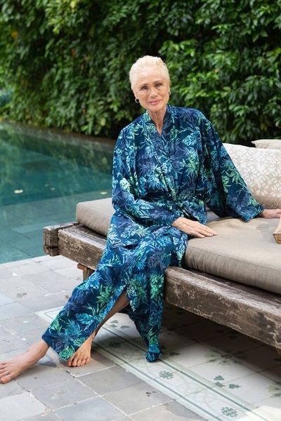 Alternate image for Navy and Green Batik Print Long Sleeved Rayon Robe with Belt Bedugul Dusk