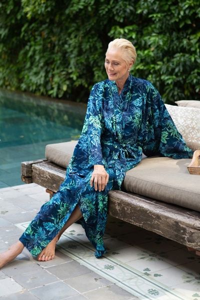 Alternate image for Navy and Green Batik Print Long Sleeved Rayon Robe with Belt Bedugul Dusk