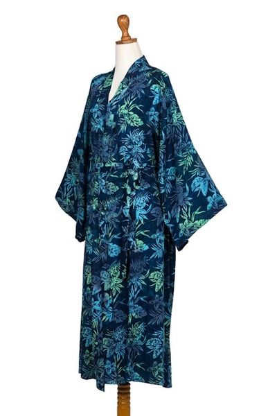 Alternate image for Navy and Green Batik Print Long Sleeved Rayon Robe with Belt Bedugul Dusk