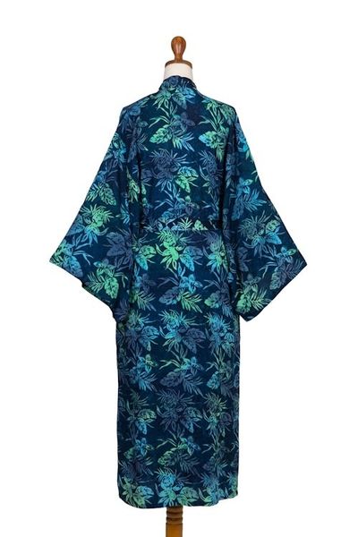 Alternate image for Navy and Green Batik Print Long Sleeved Rayon Robe with Belt Bedugul Dusk