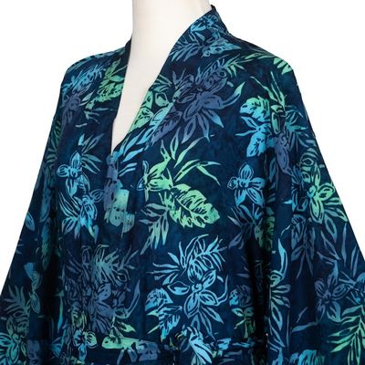 Alternate image for Navy and Green Batik Print Long Sleeved Rayon Robe with Belt Bedugul Dusk