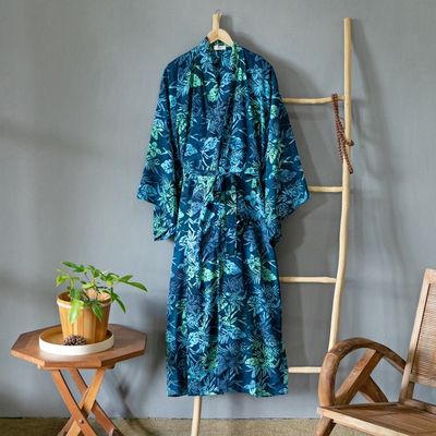 Alternate image for Navy and Green Batik Print Long Sleeved Rayon Robe with Belt Bedugul Dusk
